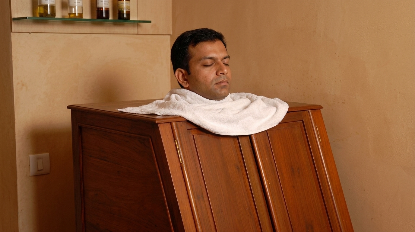 Classical Swedana Karma — Medicated Wooden Bashpa Sweda Steam Box